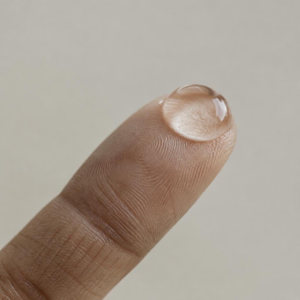 A single drop of Upkeep serum on a fingertip